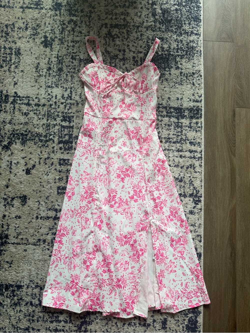 Pink Floral Midi Dress with Spaghetti Straps
